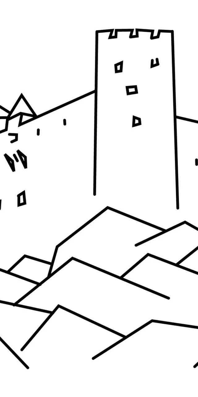 Line drawing of a medieval hilltop castle surrounded by mountain peaks