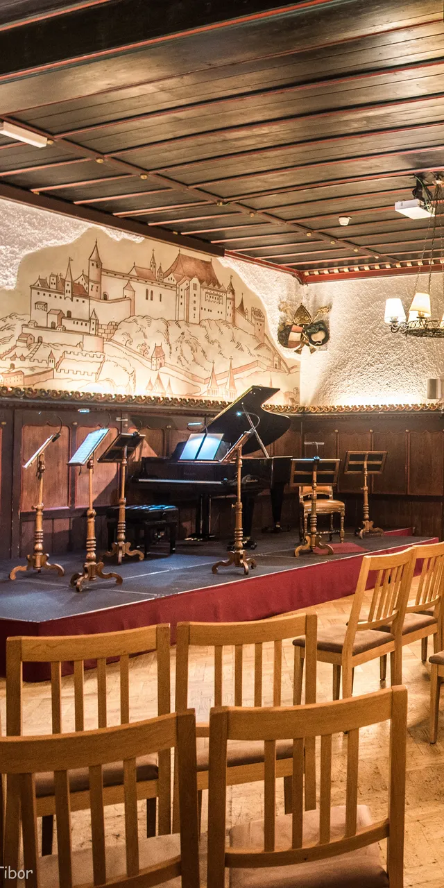 Konzertsaal mit Holzstühlen, Flügel, Bühnenbeleuchtung und mittelalterlichen Wappen