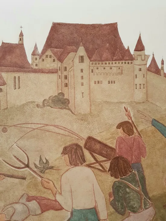 Mittelalterliche Burg mit Menschen, die landwirtschaftliche Werkzeuge in einer Protestszene halten
