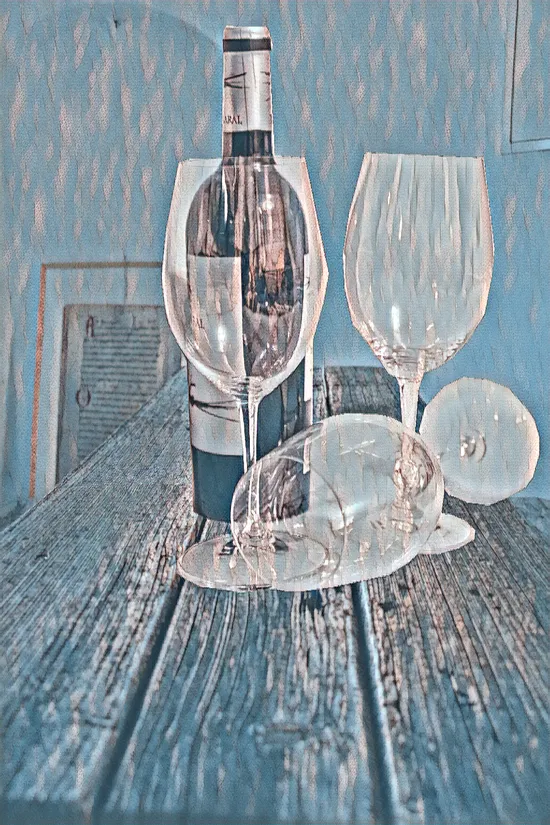 Wine bottle with three glasses on rustic wooden table with artistic filter effect