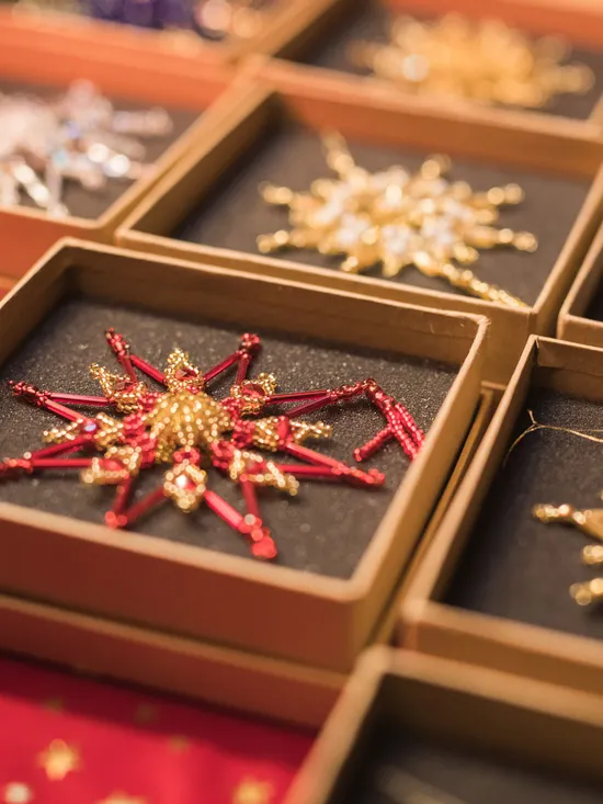 Handmade beaded Christmas ornaments in star shapes displayed in gift boxes