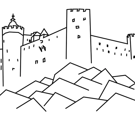 Disegno a linee di un castello medievale su una collina circondato da vette montuose