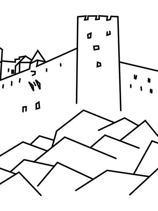 Strichzeichnung einer mittelalterlichen Burg auf einem Hügel mit umliegenden Berggipfeln