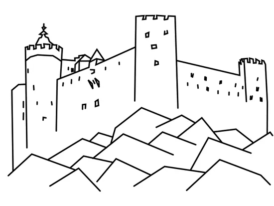Disegno a linee di un castello medievale su una collina circondato da vette montuose